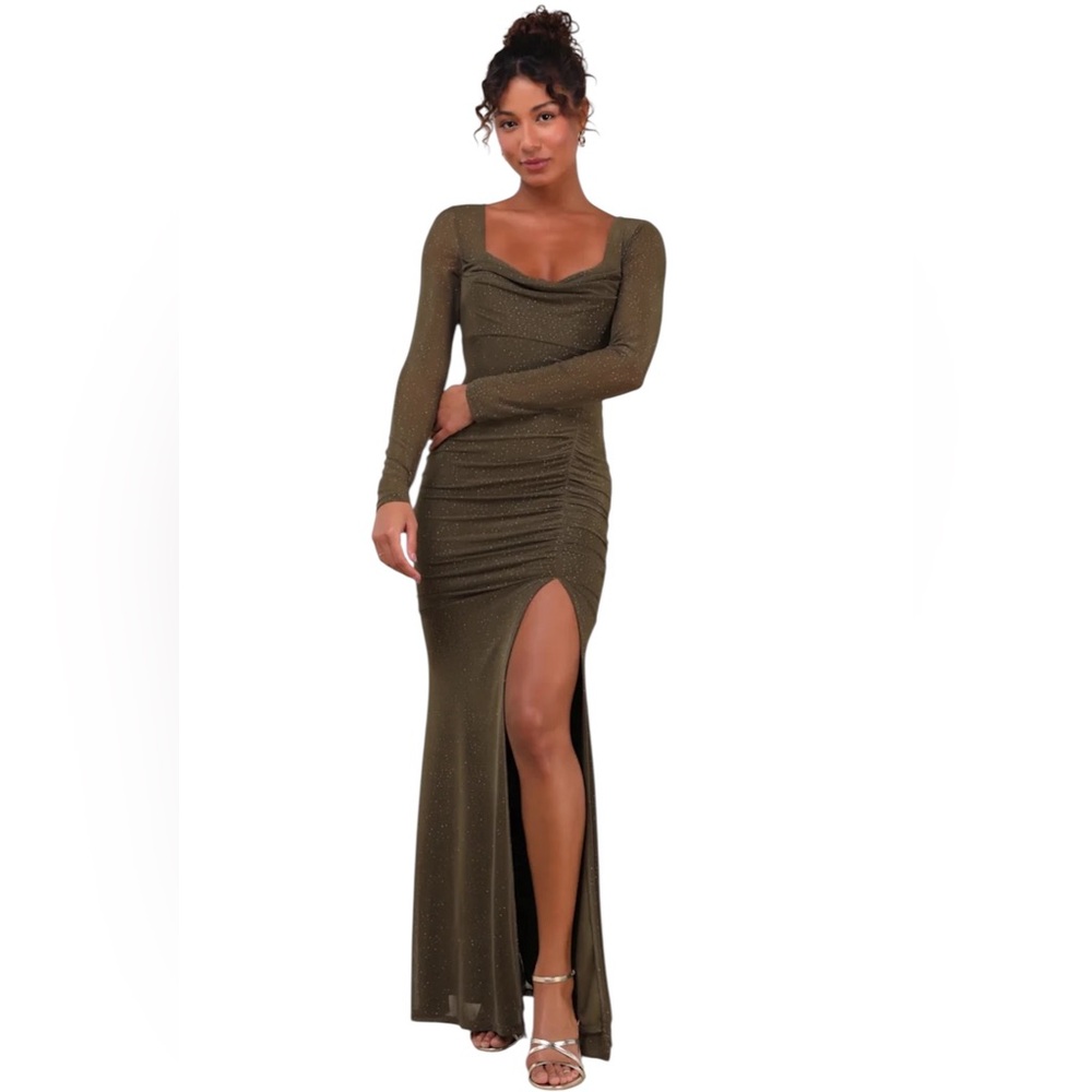 Lulus Olive Green Shimmer Maxi Dress Open Back Slit NWOT Sz M